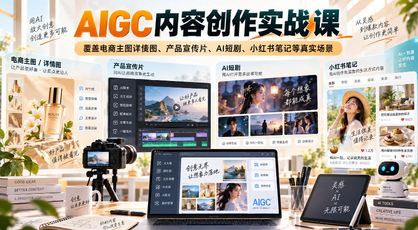 AIGC内容创作实战课，覆盖电商主图详情图、产品宣传片、AI短剧、小红书笔记等真实场景 - 福创网