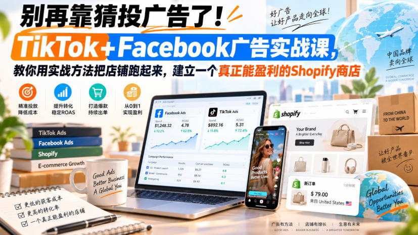 别再靠猜投广告了！TikTok+Facebook广告实战课，教你用实战方法把店铺跑起来，建立一个真正能盈利的Shopify商店【原创双语字幕】 - 福创网