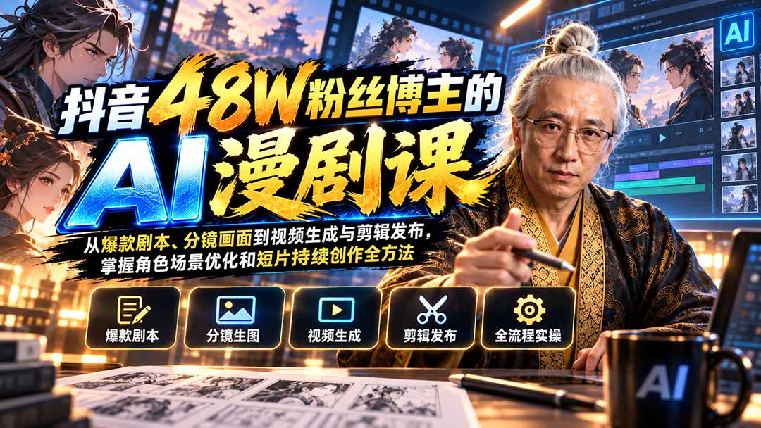 抖音48W粉丝博主的AI漫剧课：从爆款剧本、分镜画面到视频生成与剪辑发布，掌握角色场景优化和短片持续创作全方法 - 福创网