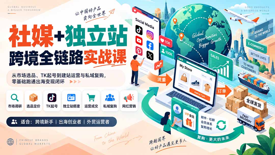 社媒+独立站跨境全链路实战课：从市场选品、TK起号到建站运营与私域复购，零基础跑通出海变现闭环 - 福创网
