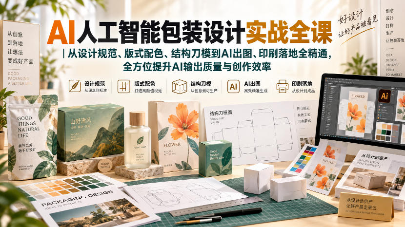 AI人工智能包装设计实战全课｜从设计规范、版式配色、结构刀模到AI出图、印刷落地全精通 - 福创网