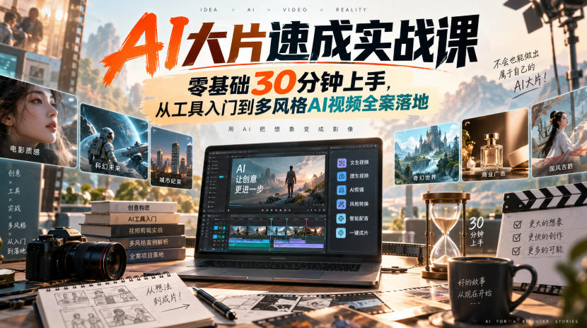 AI大片速成实战课｜零基础30分钟上手，从工具入门到多风格AI视频全案落地​ - 福创网