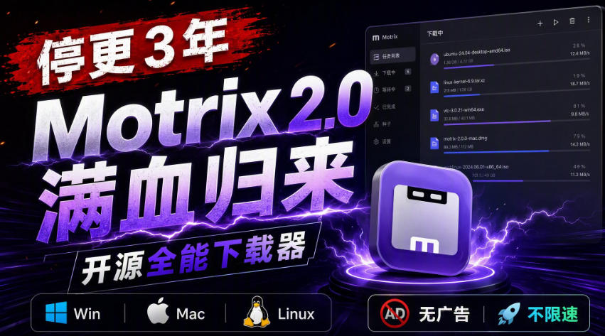 停更3年，Motrix 2.0满血归来：开源全能下载器，Win/Mac/Linux通吃，无广告不限速 - 福创网