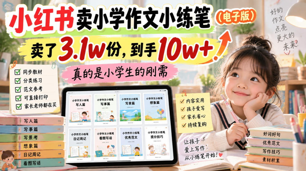 小红书卖小学作文小练笔(电子版),卖了3.1w份,到手10w+,真的是小学生的刚需 - 福创网