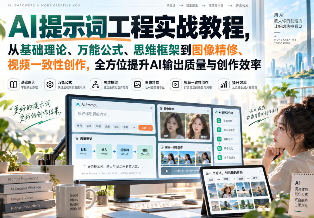 AI提示词工程实战教程，从基础理论、万能公式、思维框架到图像精修、视频一致性创作，全方位提升AI输出质量与创作效率 - 福创网