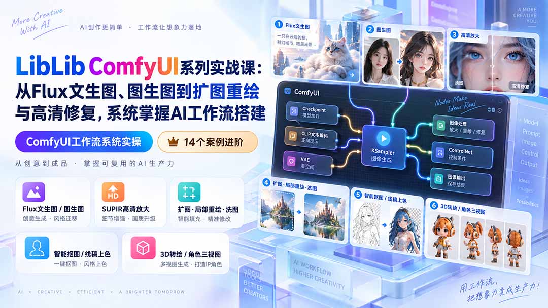 LibLib ComfyUI系列实战课：从Flux文生图、图生图到扩图重绘与高清修复，系统掌握AI工作流搭建 - 福创网
