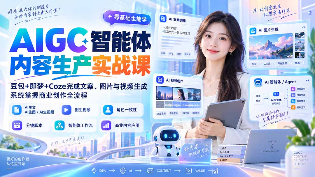 AIGC智能体内容生产实战课：豆包+即梦+Coze完成文案、图片与视频生成，系统掌握商业创作全流程 - 福创网