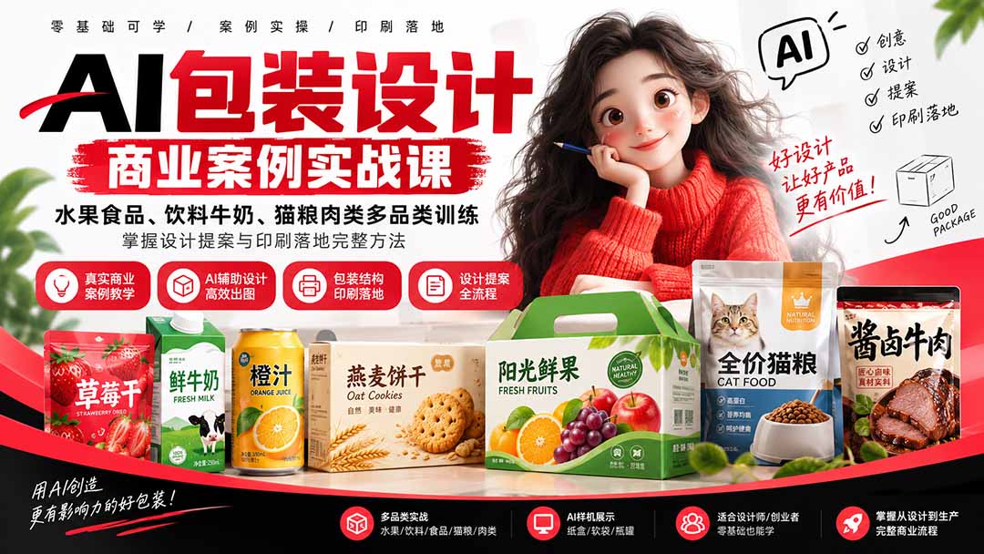 AI包装设计商业案例实战课：水果食品、饮料牛奶、猫粮肉类多品类训练，掌握设计提案与印刷落地完整方法 - 福创网