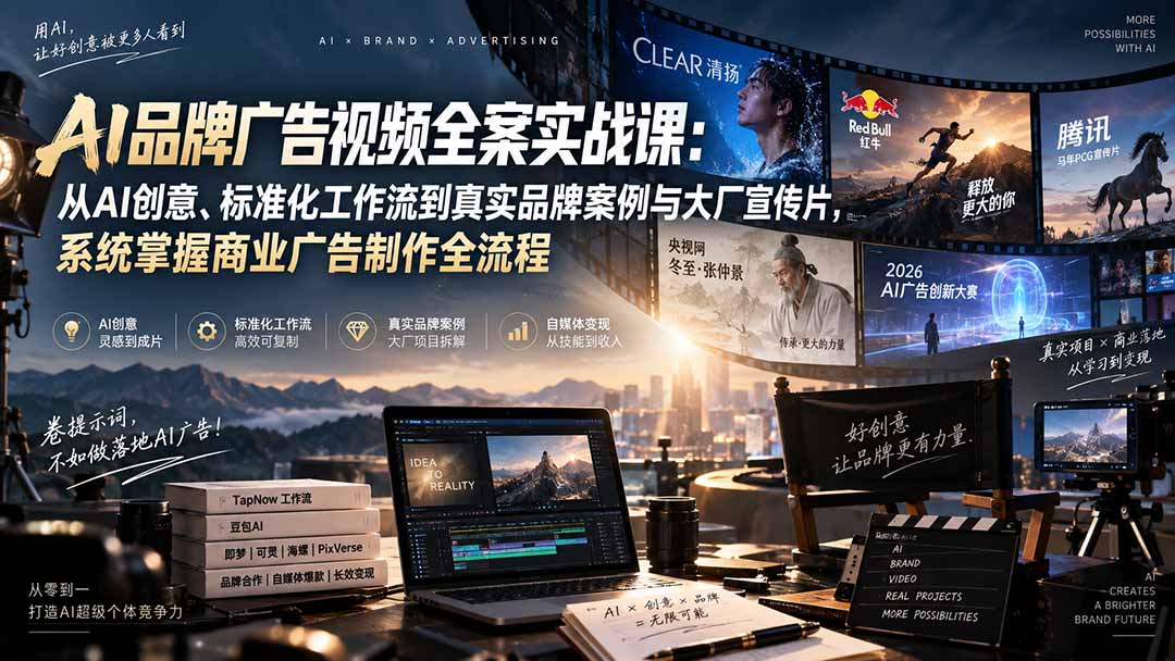 AI品牌广告视频全案实战课：从AI创意、标准化工作流到真实品牌案例与大厂宣传片，系统掌握商业广告制作全流程 - 福创网