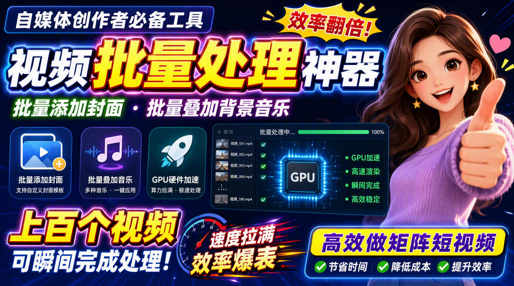 视频批量加封面，把封面添加到视频第一帧，不用剪辑软件批量添加 - 福创网