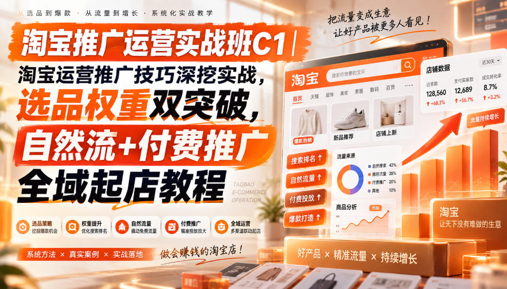 淘宝推广运营实战班C1｜淘宝运营推广技巧深挖实战，选品权重双突破，自然流+付费推广全域起店教程 - 福创网