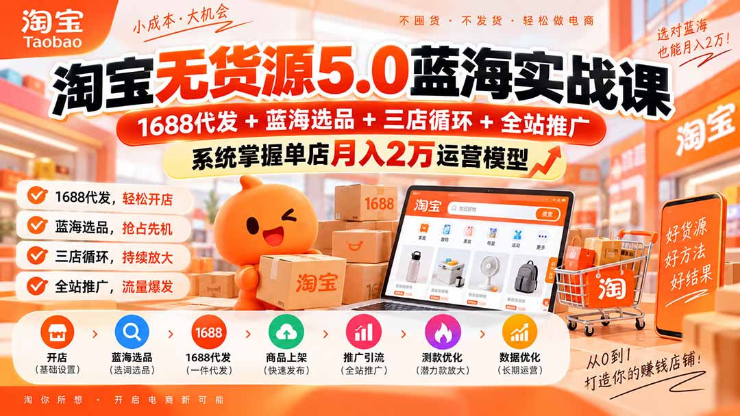淘宝无货源5.0蓝海实战课-更新：1688代发+蓝海选品+三店循环+全站推广，系统掌握单店月入2万运营模型 - 福创网