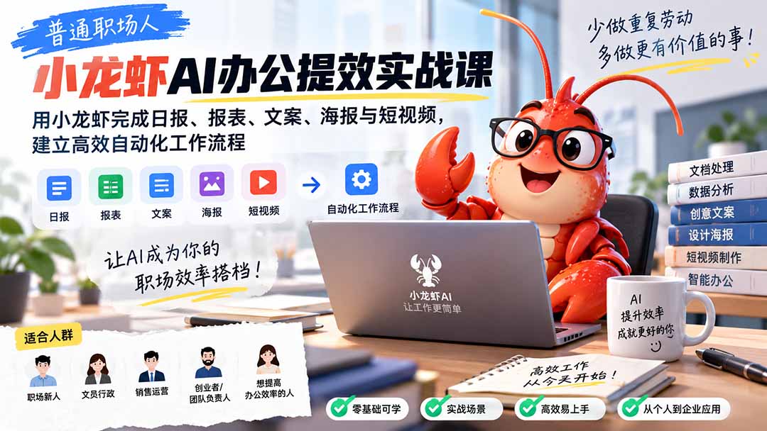 普通职场人AI办公提效实战课：用小龙虾完成日报、报表、文案、海报与短视频，建立高效自动化工作流程 - 福创网