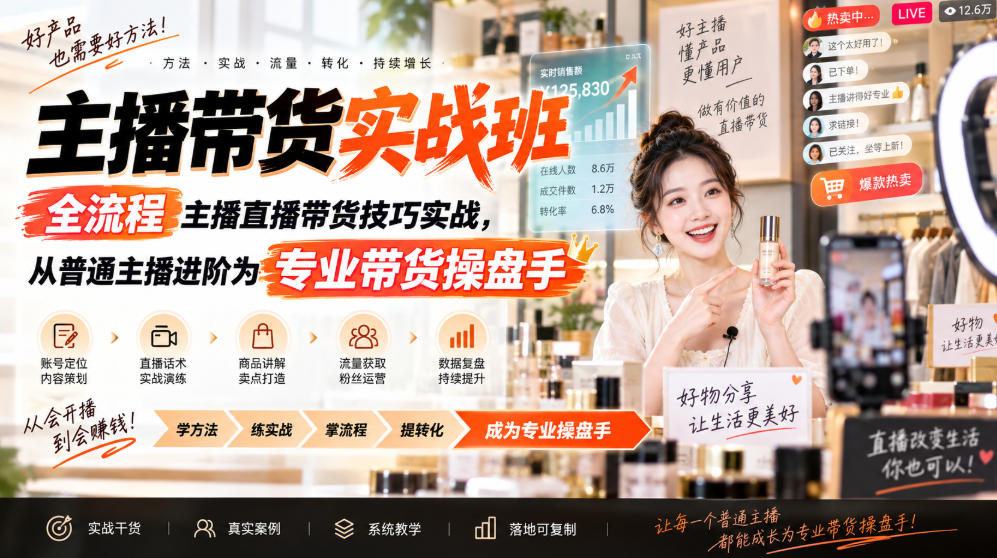 主播带货实战班ZB，全流程主播直播带货技巧实战，从普通主播进阶为专业带货操盘手 - 福创网