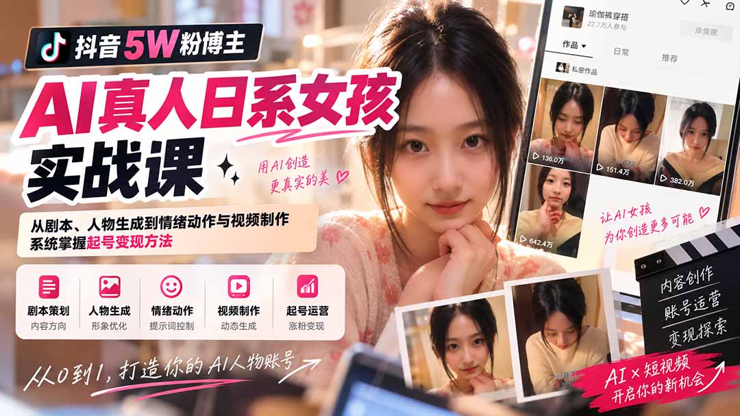抖音5W粉博主AI真人日系女孩实战课：从剧本、人物生成到情绪动作与视频制作，系统掌握起号变现方法 - 福创网