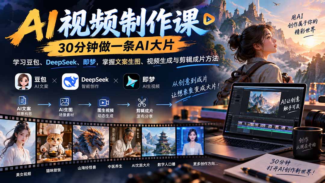 AI视频制作课-30分钟做一条AI大片：学习豆包、DeepSeek、即梦，掌握文案生图、视频生成与剪辑成片方法 - 福创网