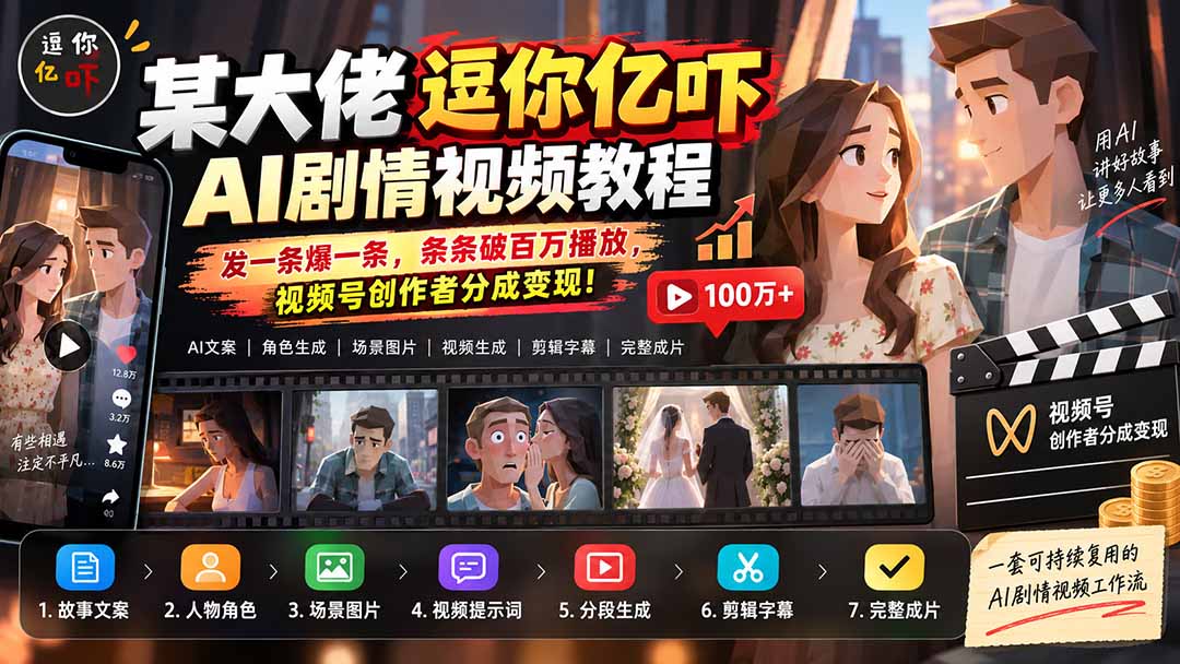 某大佬逗你亿吓AI低模剧情视频制作教程：发一条爆一条，条条破百万播放，利用视频号创作者分成变现! - 福创网
