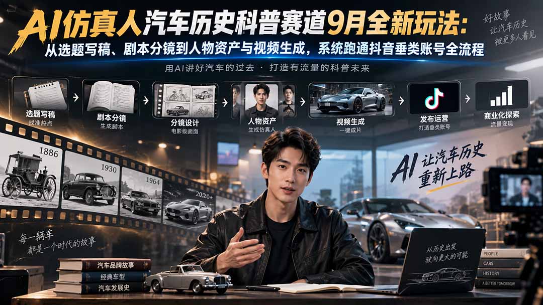 AI仿真人汽车历史科普赛道9月全新玩法：从选题写稿、剧本分镜到人物资产与视频生成，系统跑通抖音垂类账号全流程 - 福创网