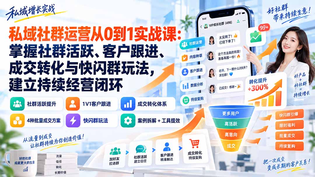 私域社群运营从0到1实战课：掌握社群活跃、客户跟进、成交转化与快闪群玩法，建立持续经营闭环 - 福创网