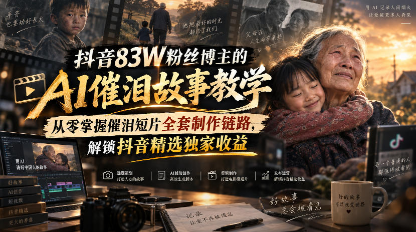 抖音83W粉丝博主的AI催泪故事教学，从零掌握催泪短片全套制作链路，解锁抖音精选独家收益 - 福创网