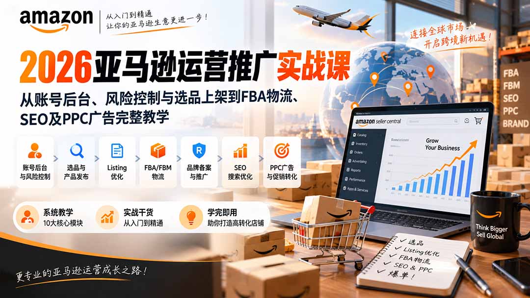 2026亚马逊运营推广实战课：从账号后台、风险控制与选品上架到FBA物流、SEO及PPC广告完整教学 - 福创网