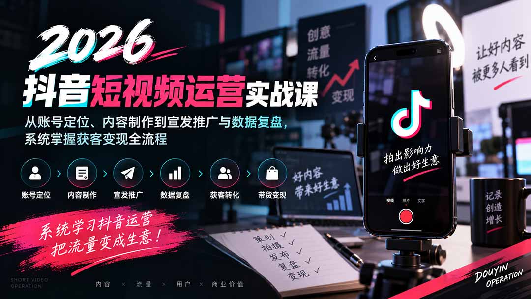 2026抖音短视频运营实战课：从账号定位、内容制作到宣发推广与数据复盘，系统掌握获客变现全流程 - 福创网