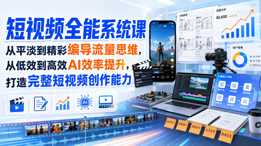 短视频全能系统课，从平淡到精彩编导流量思维，从低效到高效AI效率提升，打造完整短视频创作能力(完整版) - 福创网