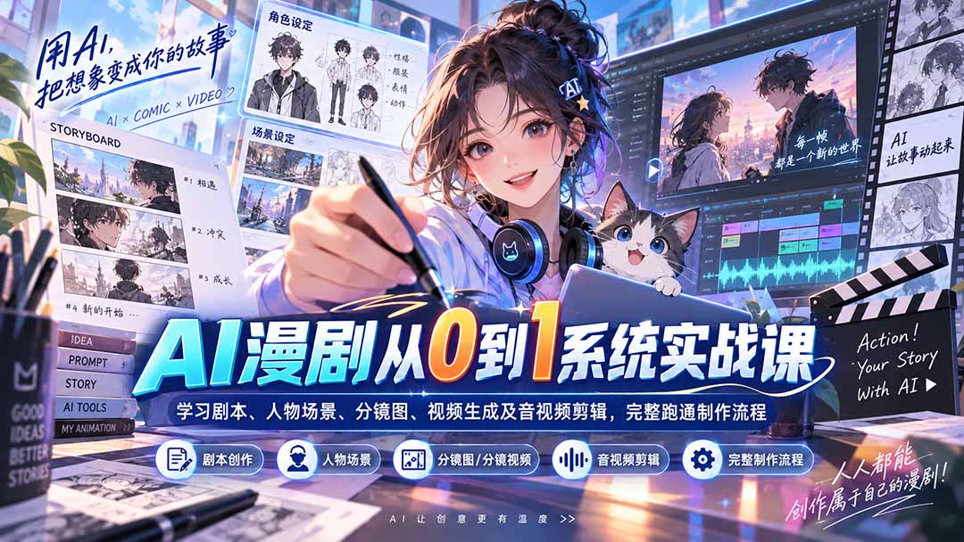 AI漫剧从0到1系统实战课：学习剧本、人物场景、分镜图、视频生成及音视频剪辑，完整跑通制作流程 - 福创网