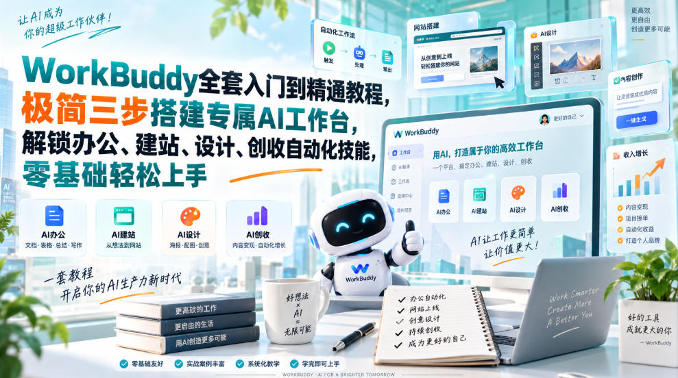 WorkBuddy全套入门到精通教程，极简三步搭建专属AI工作台，解锁办公、建站、设计、创收自动化技能，零基础轻松上手 - 福创网
