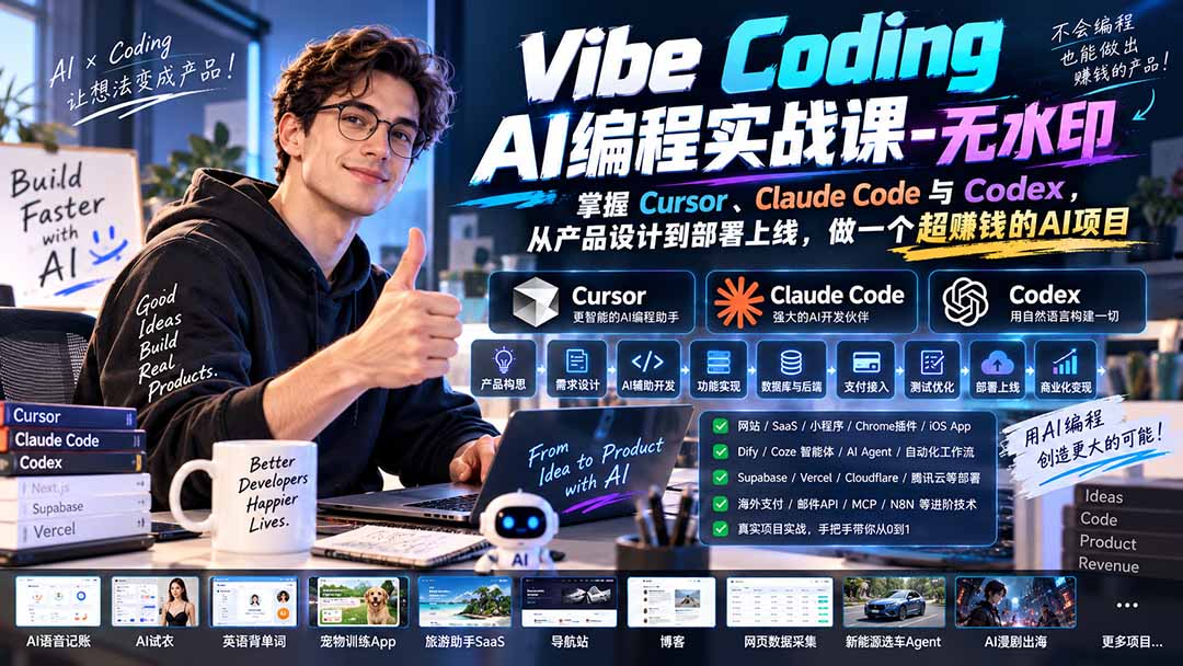 Vibe Coding AI编程实战课-无水印：掌握Cursor、Claude Code与Codex，从产品设计到部署上线，做一个超赚钱的AI项目 - 福创网