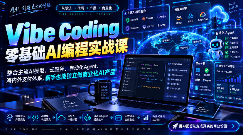Vibe Coding零基础AI编程实战课-无水印，整合主流AI模型、云服务、自动化Agent、海内外支付体系，新手也能独立做商业化AI产品 - 福创网