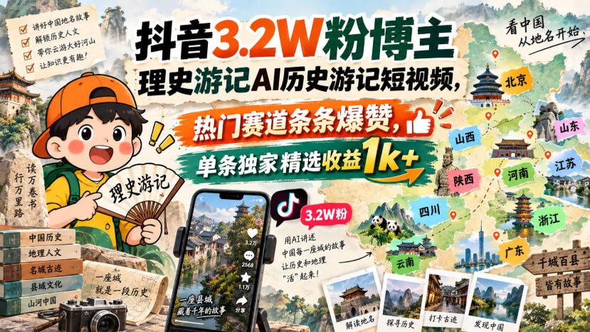 抖音3.2W粉博主理史游记AI历史游记短视频教学，热门赛道条条爆赞，单条独家精选收益1k+ - 福创网