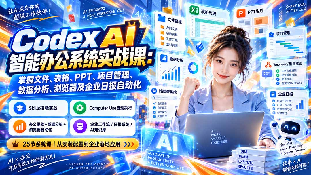 Codex AI智能办公系统实战课：掌握文件、表格、PPT、项目管理、数据分析、浏览器及企业日报自动化 - 福创网