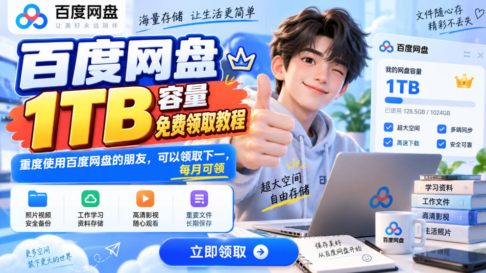 百度网盘1TB容量免费领取教程，重度使用百度网盘的朋友，可以领取下一，每月可领 - 福创网