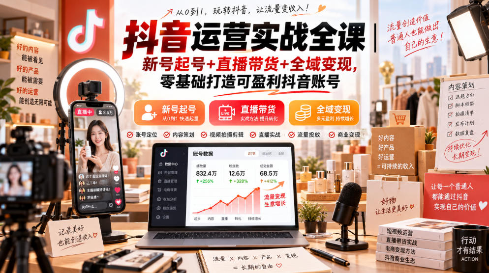 抖音运营实战全课｜新号起号+直播带货+全域变现，零基础打造可盈利抖音账号 - 福创网