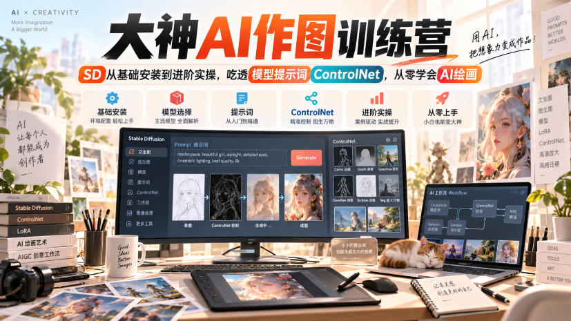 大神AI作图训练营，SD从基础安装到进阶实操，吃透模型提示词ControlNet，从零学会AI绘画 - 福创网