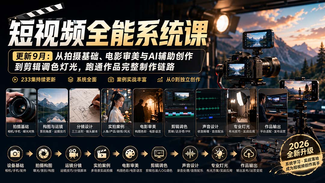 短视频全能系统课-9月完整版：从拍摄基础、电影审美与AI辅助创作到剪辑调色灯光，跑通作品完整制作链路 - 福创网