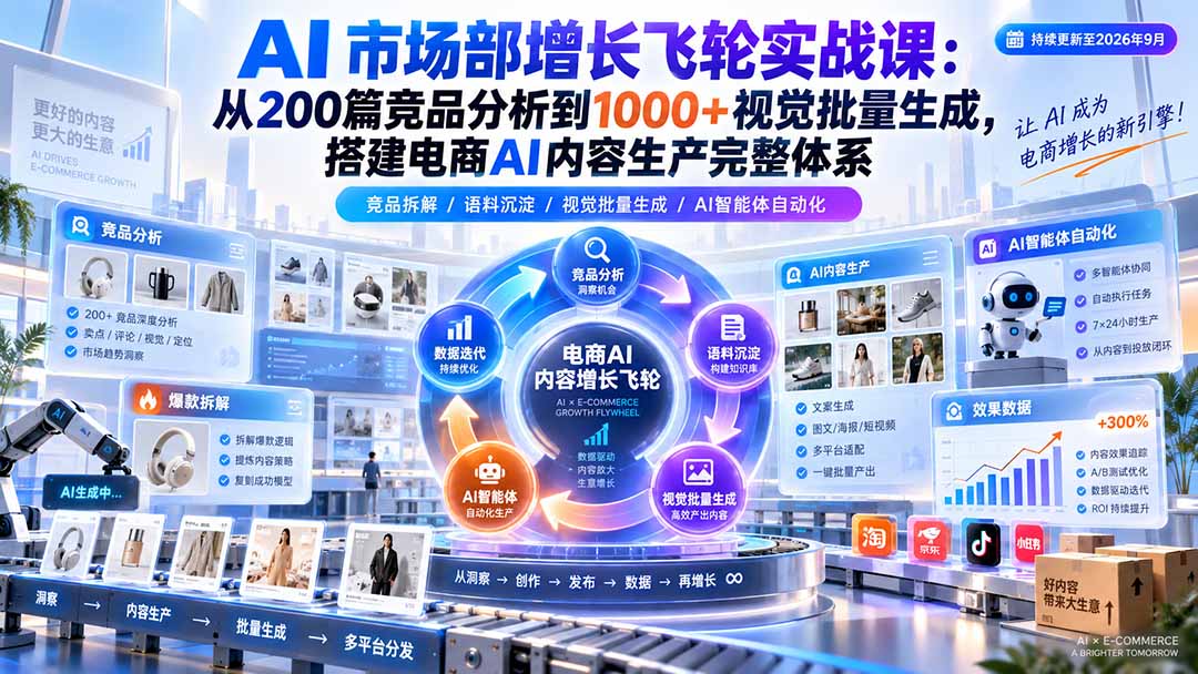 AI 市场部增长飞轮实战课：从200篇竞品分析到1000+视觉批量生成，搭建电商AI内容生产完整体系 - 福创网