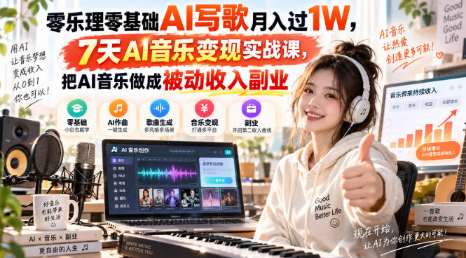 零乐理零基础AI写歌月入过1W，7天AI音乐变现实战课，把AI音乐做成被动收入副业 - 福创网