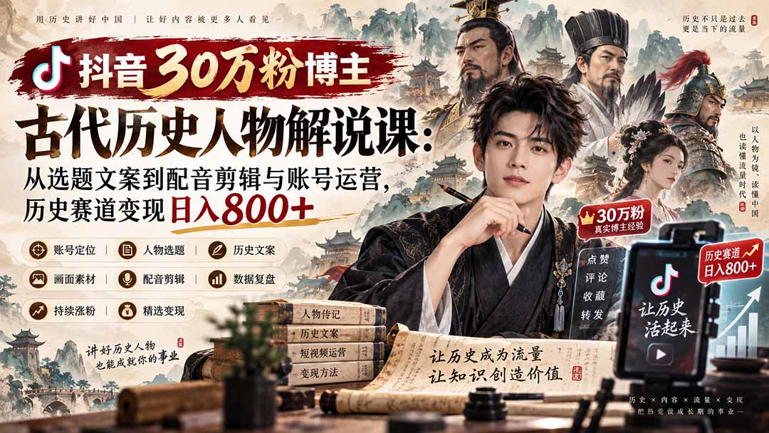 抖音30万粉博主古代历史人物解说课：从选题文案到配音剪辑与账号运营，历史赛道变现日入800+ - 福创网