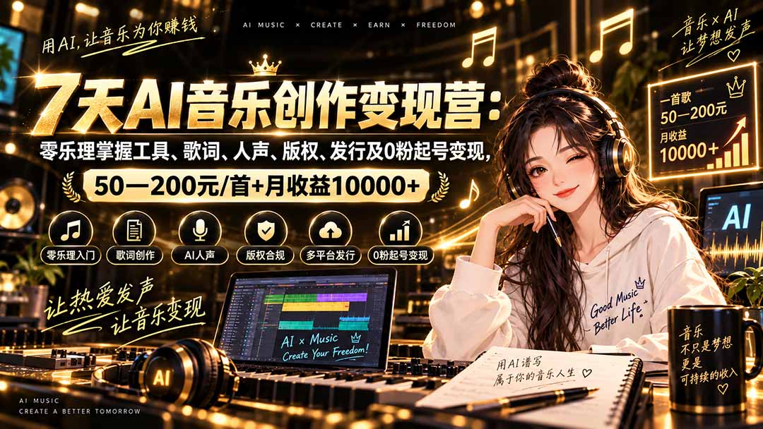 AI音乐创作变现营：零乐理掌握工具、歌词、人声、版权、发行及0粉起号变现，50—200元/首+月收益10000+ - 福创网