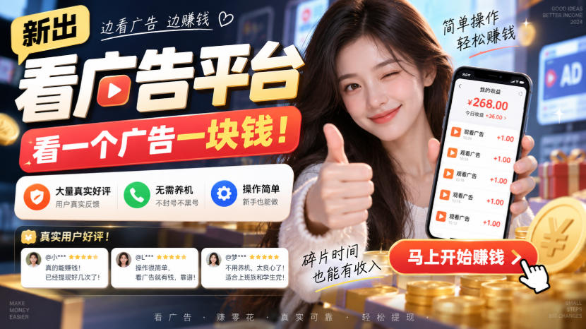 新出看广告平台，看一个广告一块钱，大量真实好评！无需养机、不会黑号，操作简单【揭秘】 - 福创网