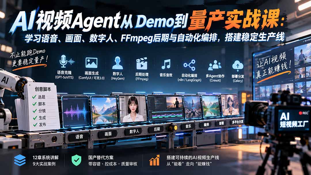 AI视频Agent从Demo到量产实战课：学习语音、画面、数字人、FFmpeg后期与自动化编排，搭建稳定生产线 - 福创网