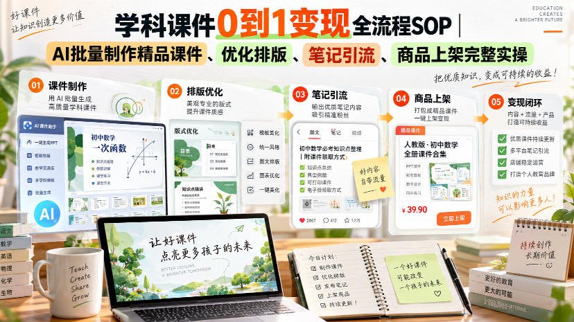 学科课件0到1变现全流程SOP｜AI批量制作精品课件、优化排版、笔记引流、商品上架完整实操​ - 福创网