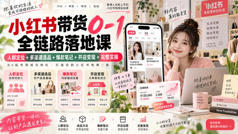 小红书带货0-1全链路落地课｜人群定位+多渠道选品+爆款笔记+开店变现完整实操 - 福创网