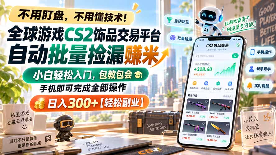 全球游戏CS2饰品交易平台自动批量捡漏赚米，小白轻松入门，包教包会，手机即可完成全部操作，日入300+【轻松副业】 - 福创网