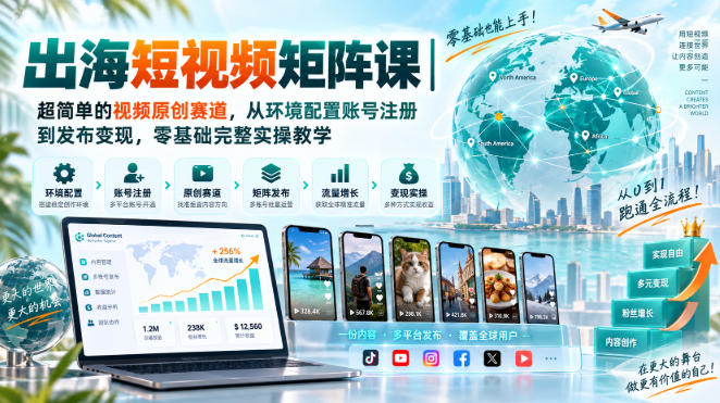 出海短视频矩阵课｜超简单的视频原创赛道，从环境配置账号注册到发布变现，零基础完整实操教学 - 福创网