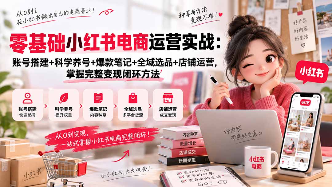零基础小红书电商运营实战：账号搭建+科学养号+爆款笔记+全域选品+店铺运营，掌握完整变现闭环方法 - 福创网