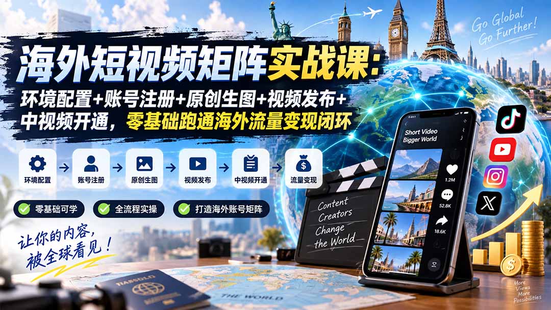 海外短视频矩阵实战课：环境配置+账号注册+原创生图+视频发布+中视频开通，零基础跑通海外流量变现闭环 - 福创网