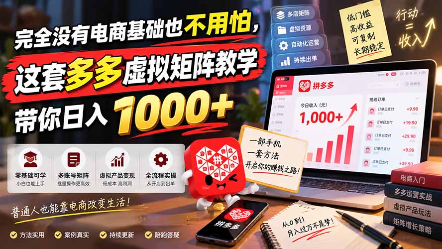 完全没有电商基础也不用怕，这套多多虚拟矩阵教学带你日入 1000+ - 福创网